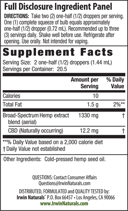 Irwin Naturals CBD Oil Unflavored 250mg supplement facts | CBDdatabase.com