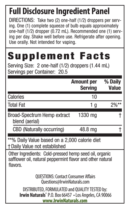 Irwin Naturals CBD Oil Peppermint 1000mg supplement facts | CBDdatabase.com