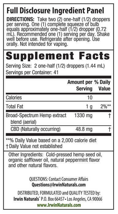 Irwin Naturals CBD Oil Peppermint 2000mg supplement facts | CBDdatabase.com