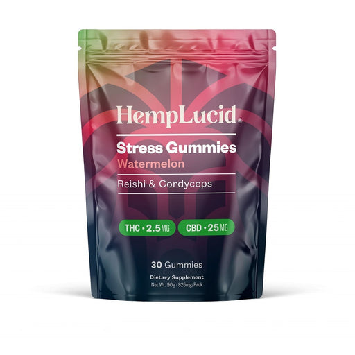 HempLucid Stress Mushroom THC Gummies Watermelon 30 count pouch, front | CBDdatabase.com