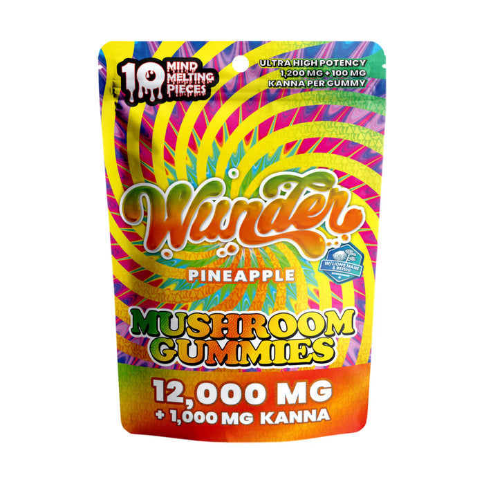 Wunder Pineapple Mushroom Gummies with Kanna 100mg 10 count, front | CBDdatabase.com