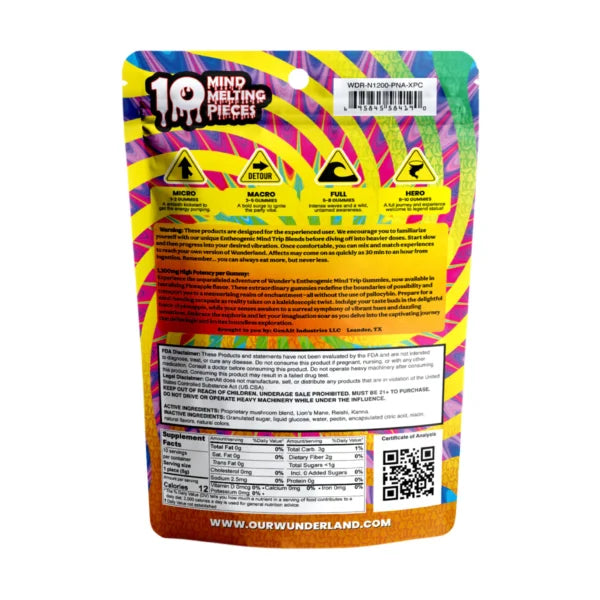 Wunder Pineapple Mushroom Gummies with Kanna label, back | CBDdatabase.com