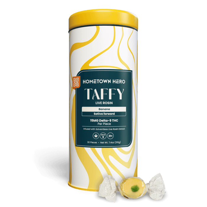 Hometown Hero Live Rosin Delta 9 Taffy Banana 15mg (30 Count) | CBDdatabase.com