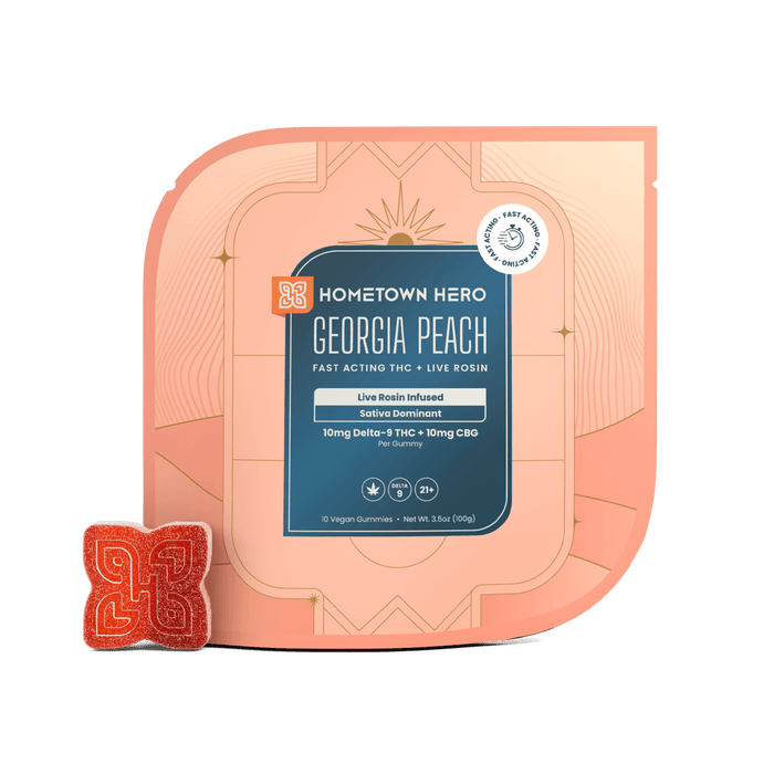 Hometown Hero Georgia Peach Live Rosin Delta 9 + CBG Gummies 10mg (10 Count) | CBDdatabase.com