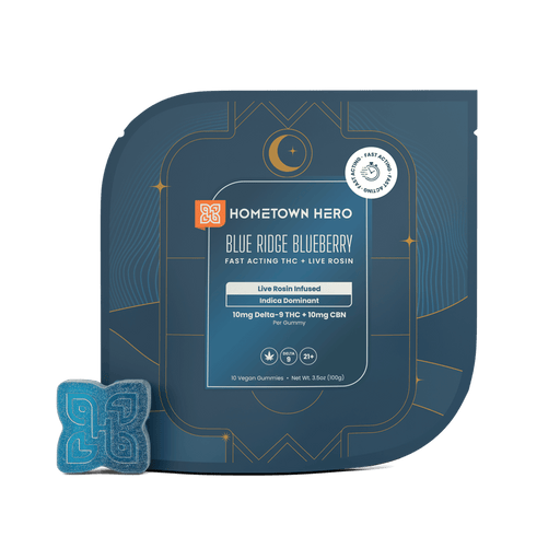 Hometown Hero Blue Ridge Blueberry Live Rosin Delta 9 + CBN Gummies 10mg (10 Count) | CBDdatabase.com