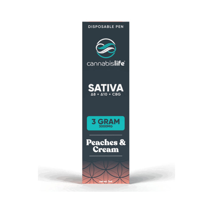 Cannabis Life Delta 8 Delta 10 and CBG Disposable Vape 3g Peaches and Cream box