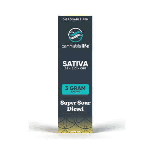 Cannabis Life Delta 8 Delta 10 and CBG Disposable Vape 3g Super Sour Diesel box and pen