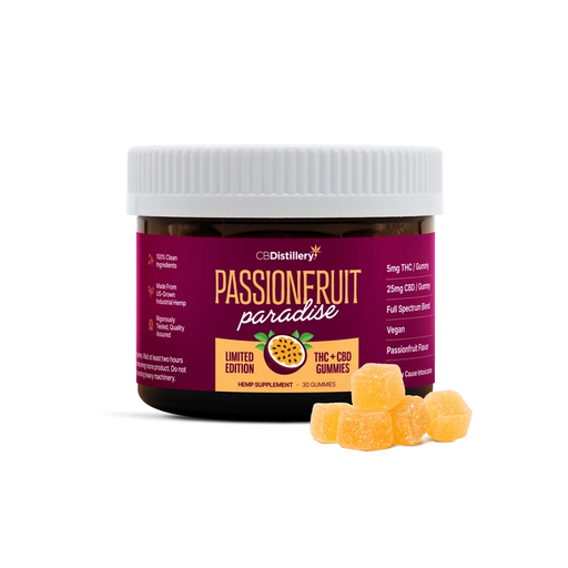 CBDistillery Passionfruit Paradise Full Spectrum Delta 9 THC and CBD Gummies Passionfruit 30mg (30 Count) jar with gummies