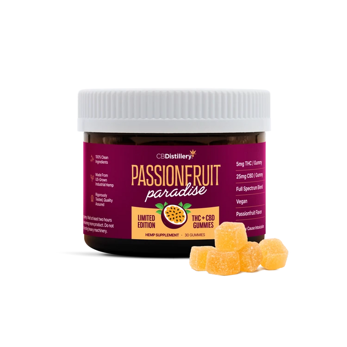 CBDistillery Passionfruit Paradise Full Spectrum Delta 9 THC and CBD Gummies Passionfruit 30mg (30 Count) jar with gummies