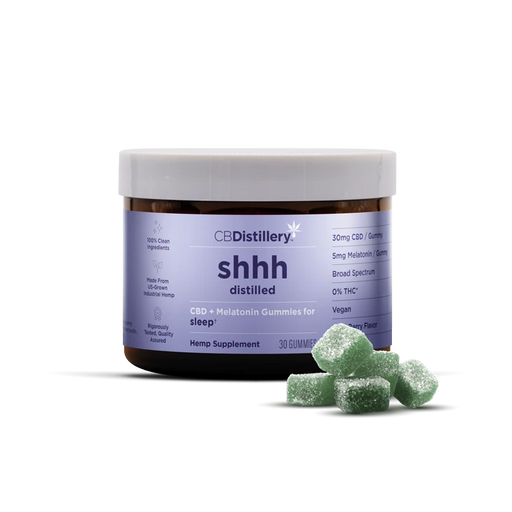 CBDistillery shhh Distilled Broad Spectrum CBD and Melatonin Gummies Wild Berry 30mg (30 Count) jar with gummies