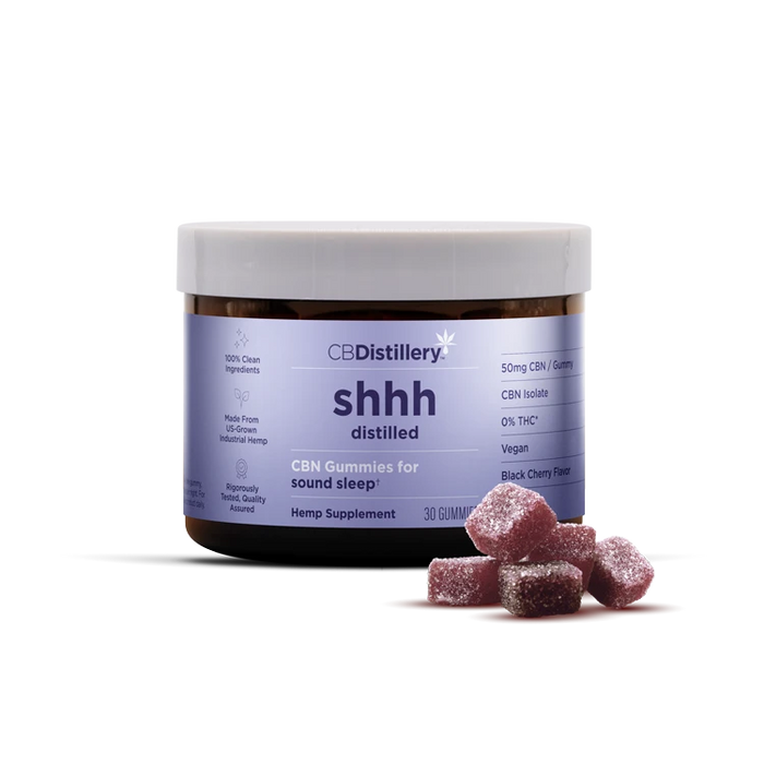 CBDistillery shhh Distilled CBN Isolate Gummies Black Cherry 50mg (30 Count) jar with gummies