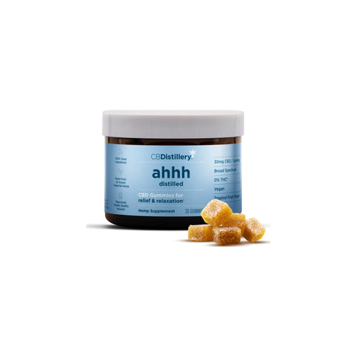 CBDistillery ahhh Distilled Broad Spectrum CBD Gummies Tropical Fruit 30mg front | CBDdatabase.com