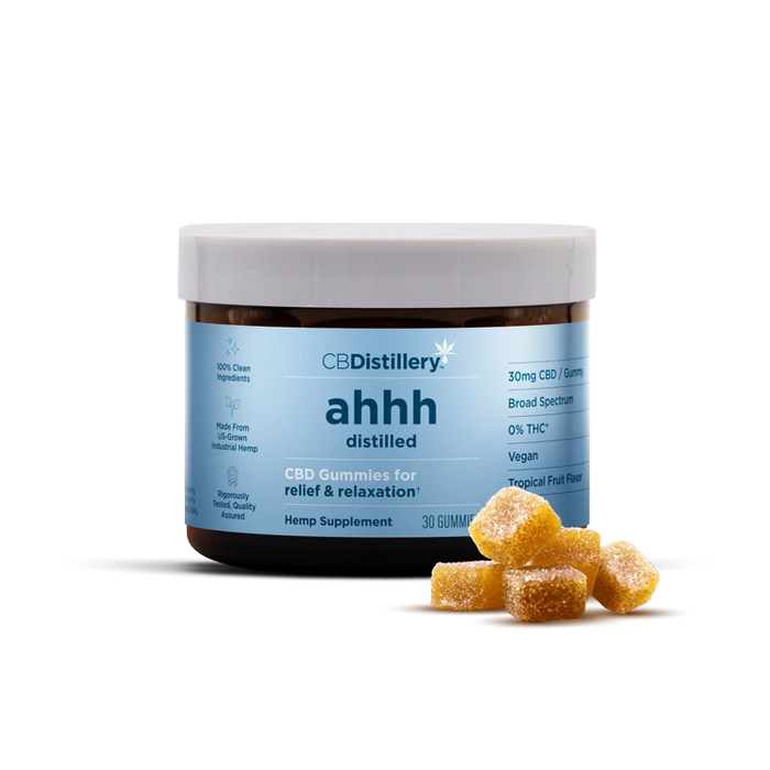 CBDistillery ahhh Distilled Broad Spectrum CBD Gummies Tropical Fruit 30mg front | CBDdatabase.com