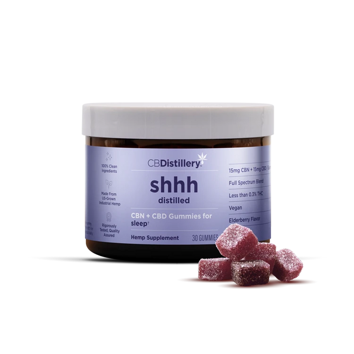 CBDistillery shhh Distilled Full Spectrum CBN and CBD Gummies Elderberry 30mg (30 Count) jar with gummies