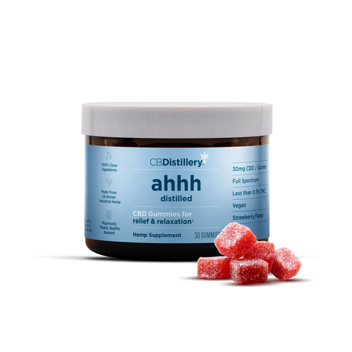 CBDistillery ahhh Distilled Full Spectrum CBD Gummies Strawberry 30mg (30 Count) jar with gummies