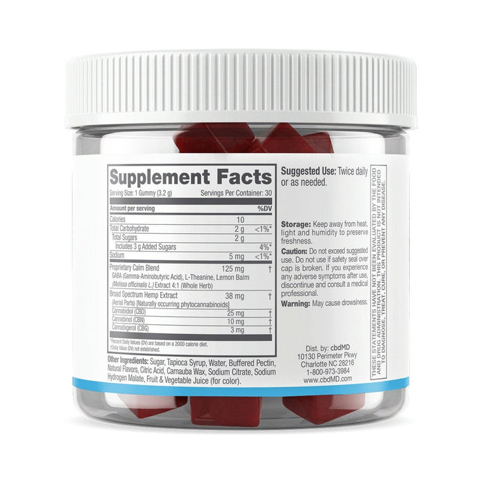 cbdMD Broad Spectrum CBD Calming Gummies Raspberry 30 count jar back