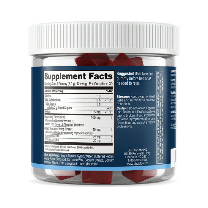 cbdMD Broad Spectrum CBD Sleep Gummies Tropical Mix 30 count jar back