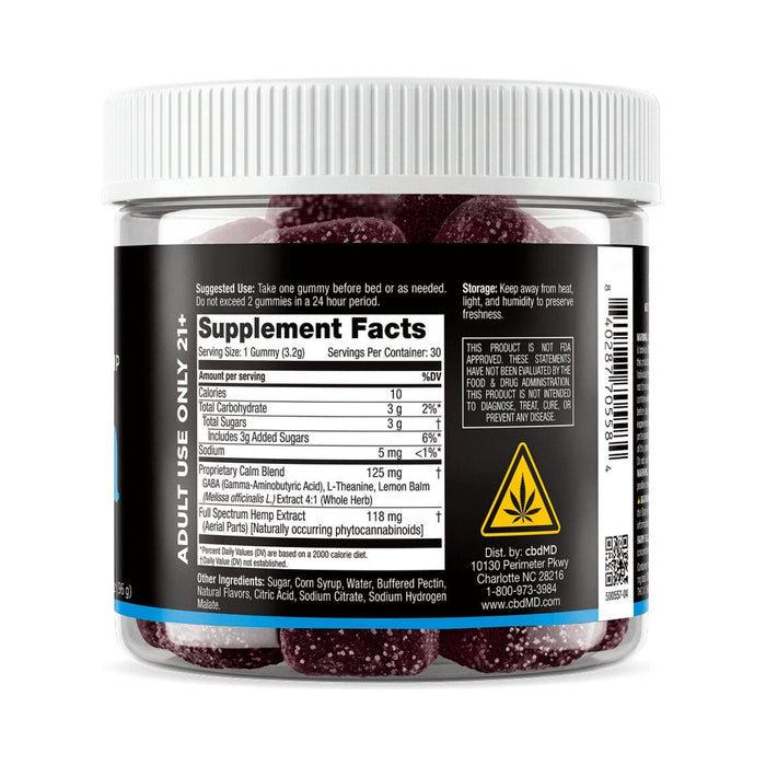 cbdMD Full Spectrum CBD Calming Gummies Mixed Berry 30 count jar back