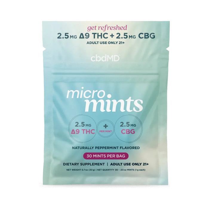 cbdMD Micro Mints Delta 9 THC and CBG 30 count pouch front