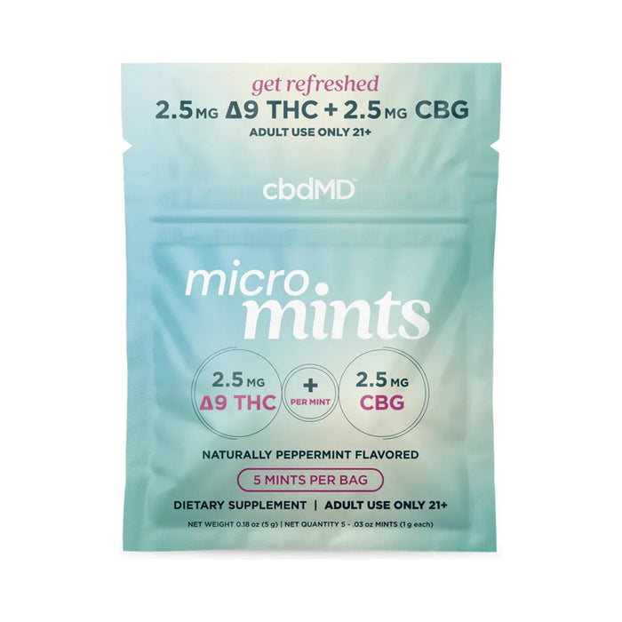 cbdMD Micro Mints Delta 9 THC and CBG 5 count pouch front