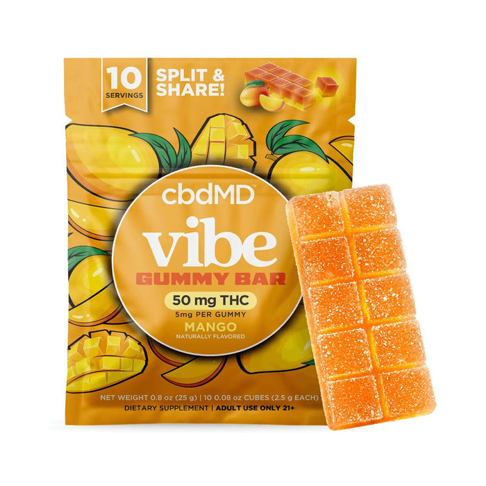 cbdMD Vibe THC Gummy Bar Mango pouch front