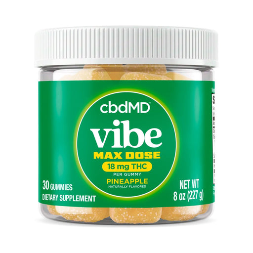 cbdMD Vibe Max Dose THC Gummies Pineapple 30 count jar front
