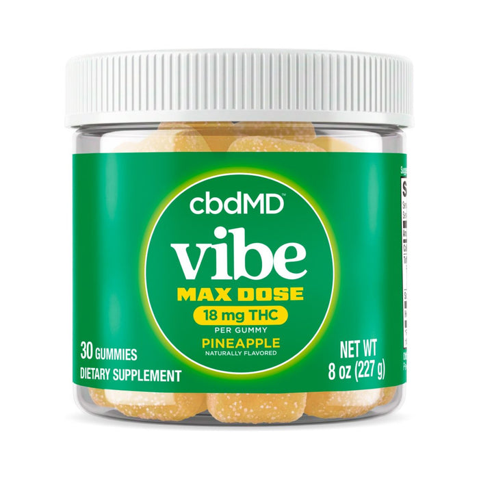 cbdMD Vibe Max Dose THC Gummies Pineapple 30 count jar front