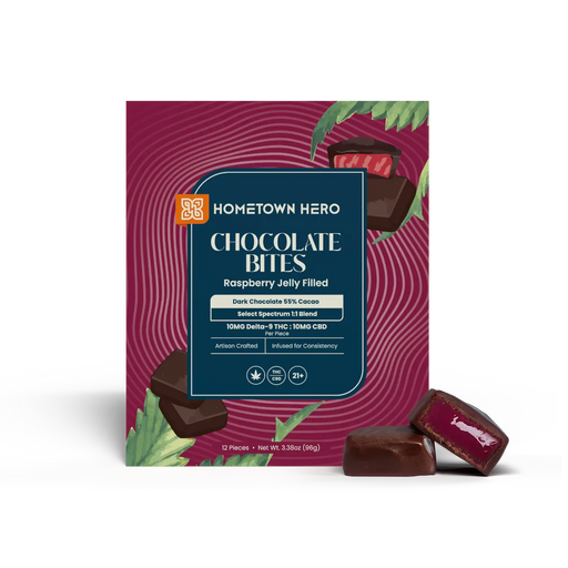 Hometown Hero Raspberry Jelly Dark Chocolate Bites THC + CBD 10mg (12 Count) | CBDdatabase.com