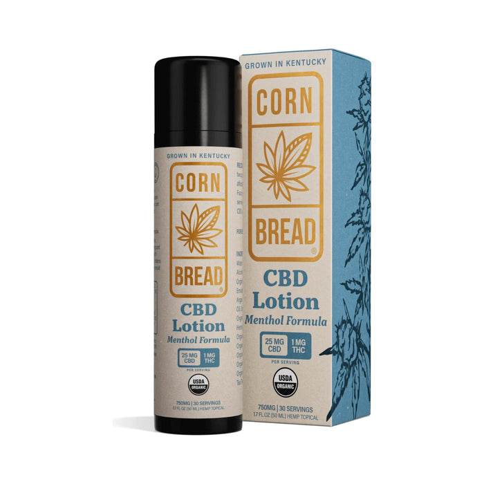 Cornbread Hemp CBD Lotion 750mg Menthol Formula bottle and box