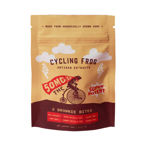 Cycling Frog Chocolate Brownie Bites 50mg THC 100mg CBD 2 Count bag front | CBDdatabase.com