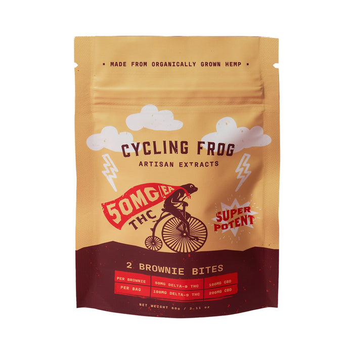 Cycling Frog Chocolate Brownie Bites 50mg THC 100mg CBD 2 Count bag front | CBDdatabase.com