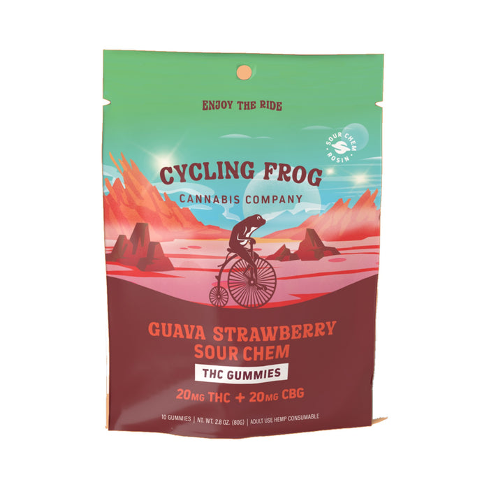 Cycling Frog Guava Strawberry Rosin Gummies 20mg THC 20mg CBG 10 Count bag front | CBDdatabase.com