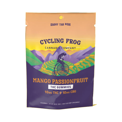 Cycling Frog Mango Passionfruit THC and CBG Gummies 10mg 10 Count bag front | CBDdatabase.com