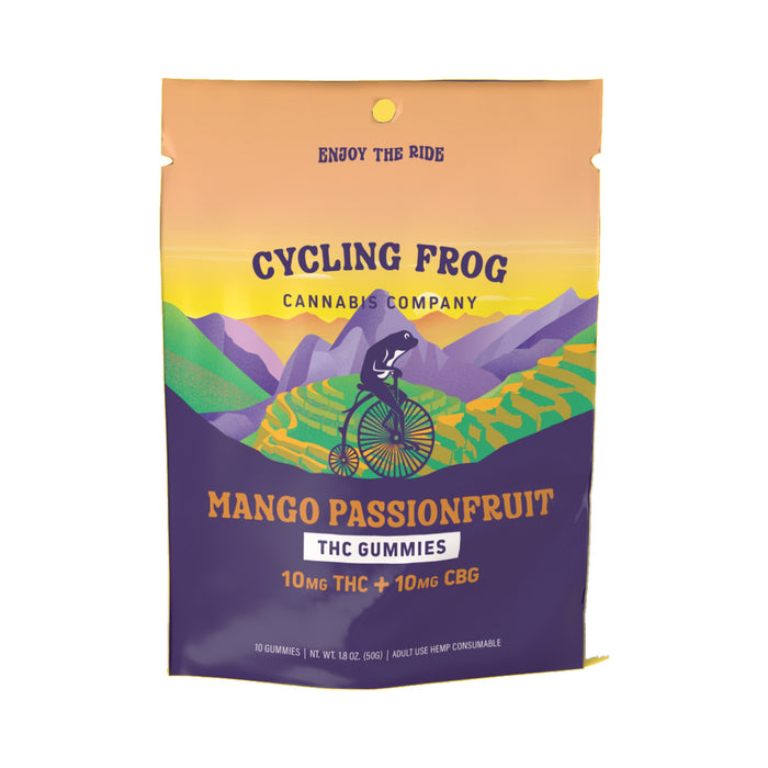 Cycling Frog Mango Passionfruit THC and CBG Gummies 10mg 10 Count bag front | CBDdatabase.com