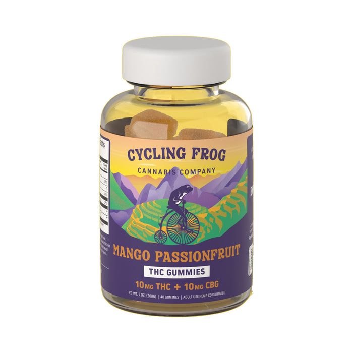 Cycling Frog Mango Passionfruit THC and CBG Gummies 10mg 40 Count bottle front | CBDdatabase.com