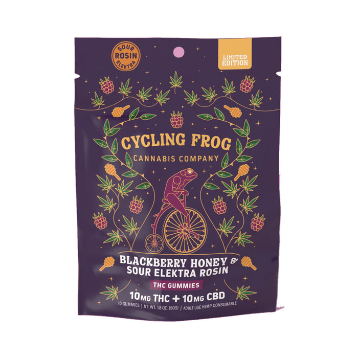 Cycling Frog Rosin Gummies 10mg THC 10mg CBD Blackberry Honey 10 Count bag front | CBDdatabase.com