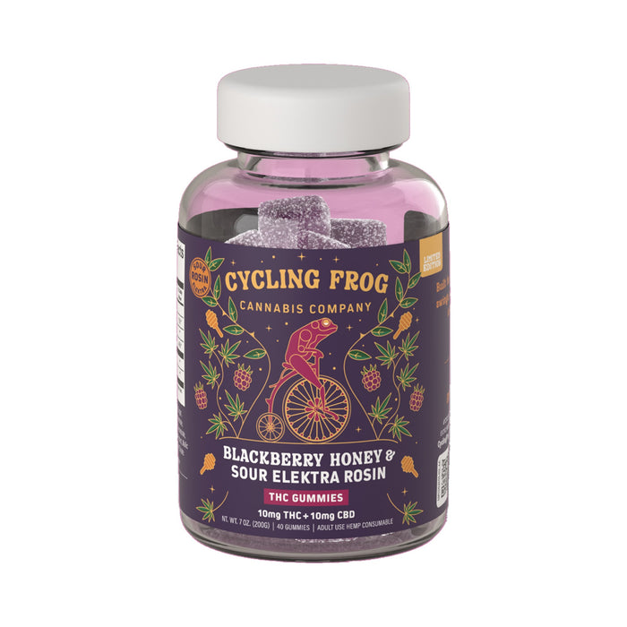 Cycling Frog Rosin Gummies 10mg THC 10mg CBD Blackberry Honey 40 Count bottle front | CBDdatabase.com