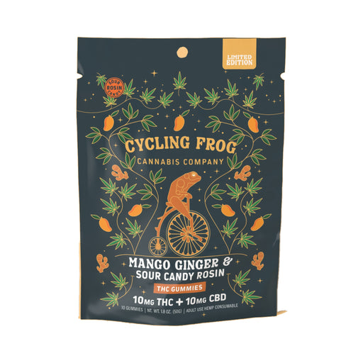 Cycling Frog Rosin Gummies 10mg THC 10mg CBD Mango Ginger 10 Count bag front | CBDdatabase.com