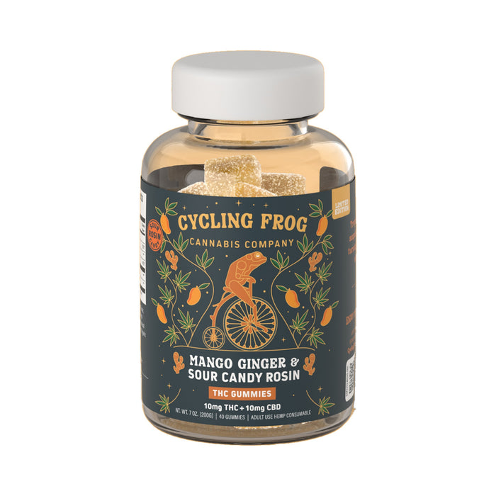 Cycling Frog Rosin Gummies 10mg THC 10mg CBD Mango Ginger 40 Count bottle front | CBDdatabase.com