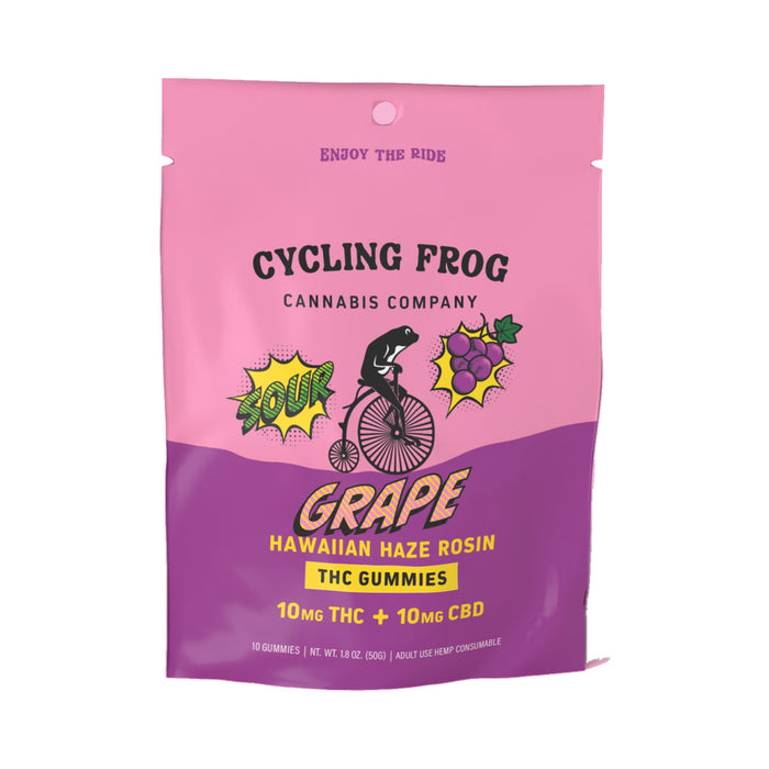 Cycling Frog Rosin Gummies 10mg THC 10mg CBD Super Sour Grape x Hawaiian Haze 10 Count bag front | CBDdatabase.com