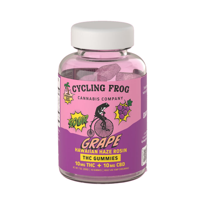 Cycling Frog Rosin Gummies 10mg THC 10mg CBD Super Sour Grape x Hawaiian Haze 40 Count bottle front | CBDdatabase.com