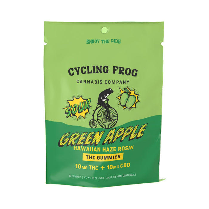 Cycling Frog Rosin Gummies 10mg THC 10mg CBD Super Sour Green Apple x Hawaiian Haze 10 Count bag front | CBDdatabase.com