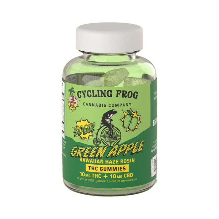 Cycling Frog Rosin Gummies 10mg THC 10mg CBD Super Sour Green Apple x Hawaiian Haze 40 Count bottle front | CBDdatabase.com