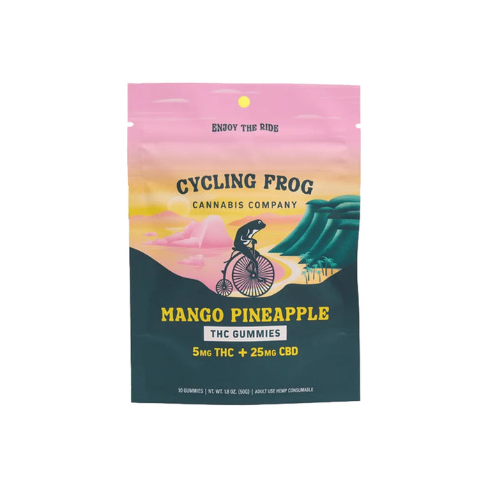 Cycling Frog Delta 9 THC and CBD Gummies 5mg THC 25mg CBD (10 and 40 Count) Mango Pineapple 10 count | CBDdatabase.com