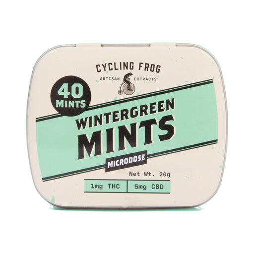 Cycling Frog Wintergreen Mints 1mg THC 5mg CBD 40 Count tin front | CBDdatabase.com