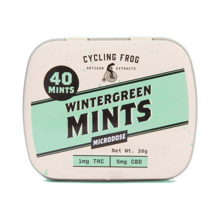 Cycling Frog Wintergreen Mints 1mg THC 5mg CBD 40 Count tin front | CBDdatabase.com