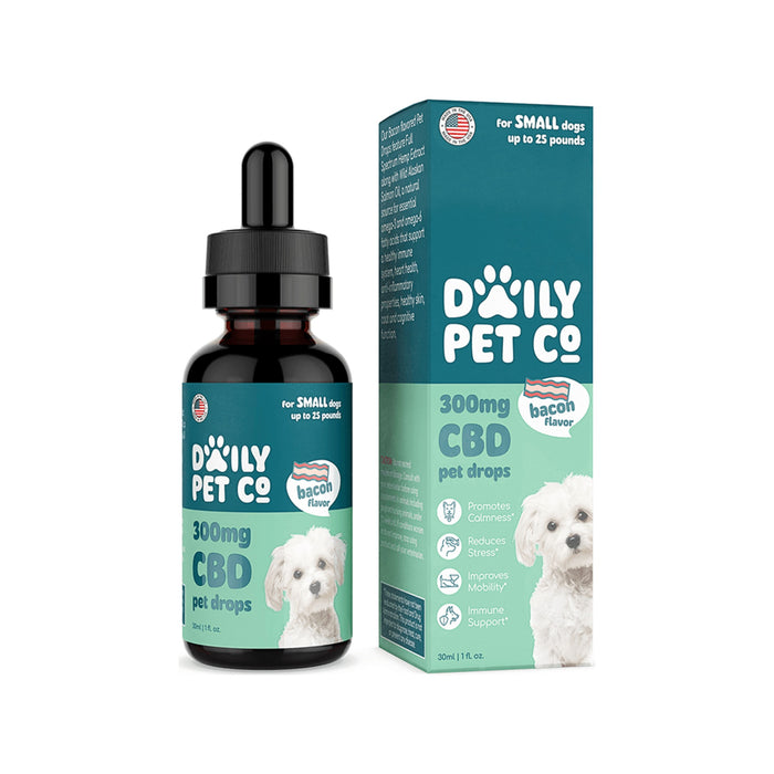 Daily Pet Co Full Spectrum CBD Oil for Dogs Bacon 300mg bottle and box