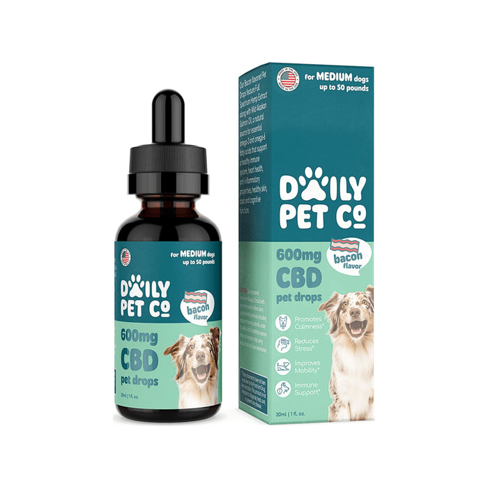 Daily Pet Co Full Spectrum CBD Oil for Dogs Bacon 600mg bottle and box