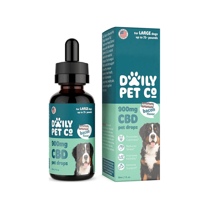 Daily Pet Co Full Spectrum CBD Oil for Dogs Bacon 900mg bottle and box