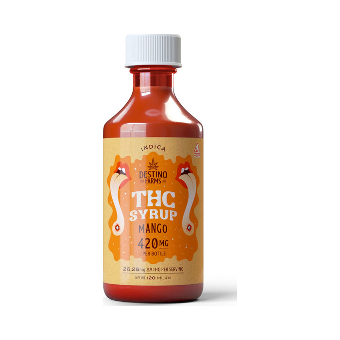 Destino Farms Delta 9 THC Syrup 420mg (120mL) Mango syrup bottle